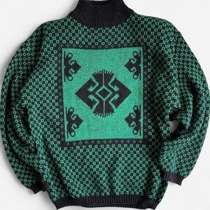 Vintage Nilani Metallic Green Black Retro Acrylic Wool Blend Mockneck Sweater